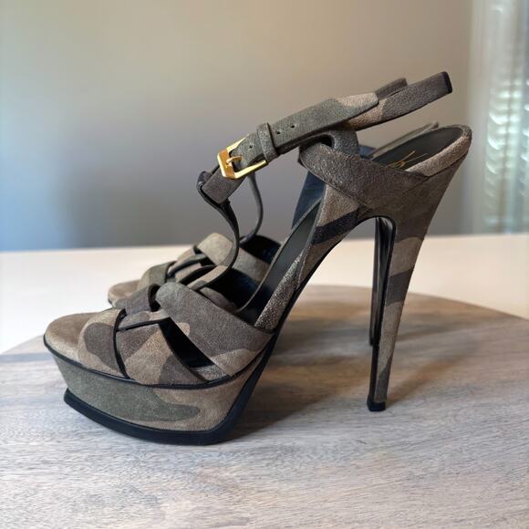 YSL Yves Saint Laurent Camouflage Green Suede Tribute Stiletto Heels Size 7.5 - Picture 3 of 14